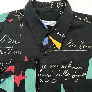 Bullock & Jones Shirt Mens L Black Script Star Print Long Sleeve Button Austria